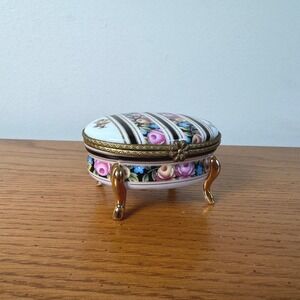 Vintage Porcelain Trinket Box Floral Striped Vanity Jewelry Holder Gold Feet
